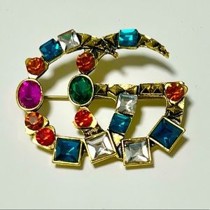 GG Antique Gold Jeweled Toned Brooch
